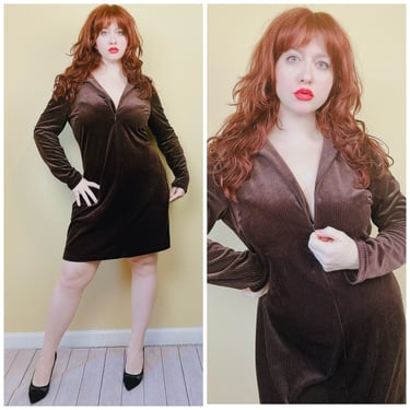 1990s Vintage Harlow Brown Zip Front Dress / 90s Striped Velour Long Sleeve Mod Style Knit Dress / XL 