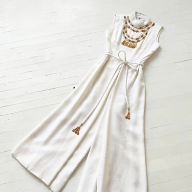 1960s Embellished Gold + White Sleeveless Mockneck Cropped Wide Leg Jumpsuit 