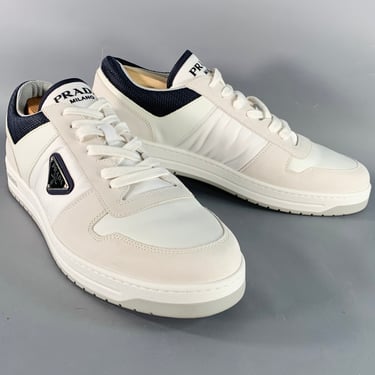 PRADA Size 11 White Navy Color Block Logo Leather Nylon Mesh Sneakers