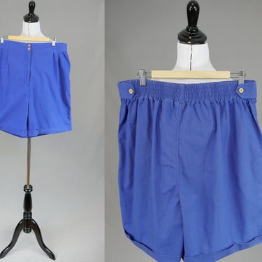 80s Pleated Cuffed Shorts - 34-42 elastic waist - High Rise - Purple Blue Cotton - Stefano International - Vintage 1980s - XL XXL 