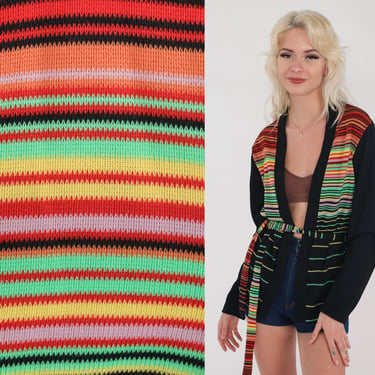 Rainbow Striped Cardigan 70s Black Knit Sweater Belted Tie Open Front Retro Boho Seventies Knitwear Green Yellow Vintage 1970s Small Medium 