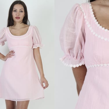 Daisy Chain Lace Empire Waist Dress, Cotton Candy Pink Puff Sleeves, Dainty Sunday Best Prairie Mini Dress 