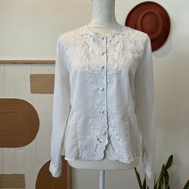 Vintage 90s Sellecca White Lace Button Front Long Sleeve Blouse 