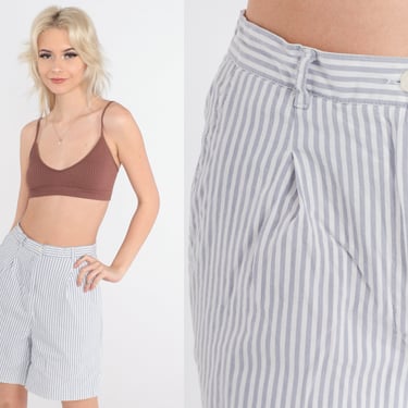 Striped Shorts 90s Pinstripe Trouser Shorts White Grey Retro High Waisted Rise Preppy Pleated Relaxed Wide Leg Shorts Vintage 1990s Small 27 
