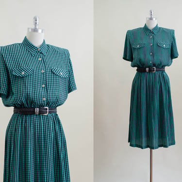 green checkered dress | 80s plus size vintage green black gingham plaid fit and flare shirtwaist knee length dress 
