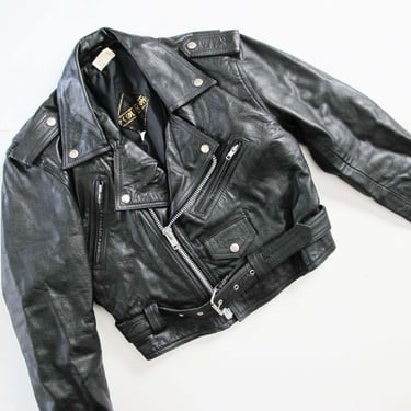 Vintage 80s Black Leather Motorcycle Jacket XS - 1980s Womens Cropped Biker Moto Punk Jacket 