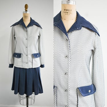 1960s/70s Navy and White Dotted Jacket and Skirt Set 