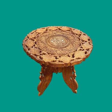 Vintage Side Table Retro 1990s Bohemian + India + Brown Teak Wood + Inlaid Flowers + Carved Detailing + Round + Tripod Base + Boho Home 