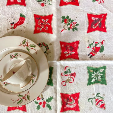 1960 retro holiday tablecloth table topper Santa elf snowman red green gold 