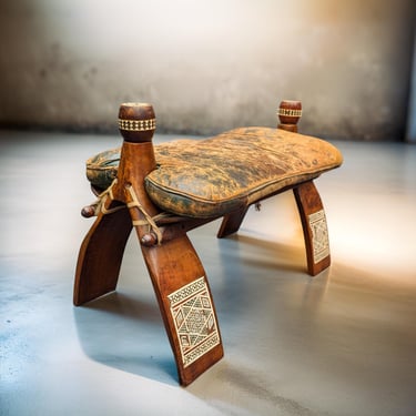 Ethnic Camel Saddle Stool with Inlaid Bone and Tooled Leather Cushion – Syrian / Tribal Vintage Ottoman 