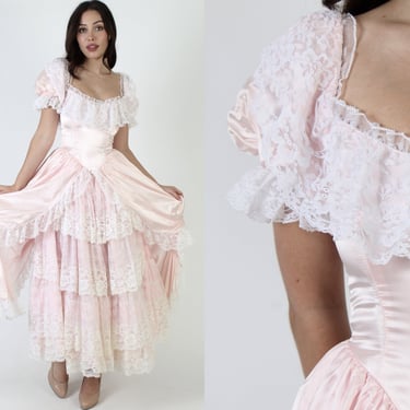 1970s Zum Zum Victorian Style Prom Dress With Full Sweeping Skirt 