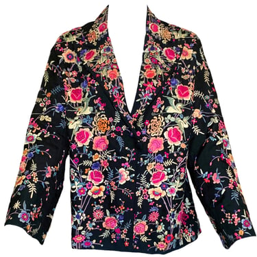 Chinese 1930s Colorful Floral Hand Embroidered Black Silk Jacket