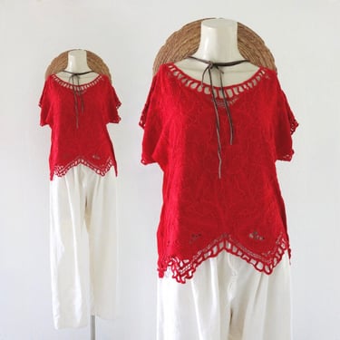 cropped cutwork top - m - vintage 90s rayon red womens size medium embroidered short sleeve blouse shirt 