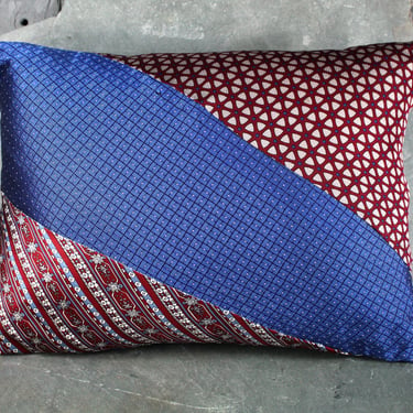 One of a Kind Necktie Pillow | London Nights #343 |  Red & Blue 13"x10" Pillow Made from Up-Cycled Silk Ties - Includes Pillow Filling 