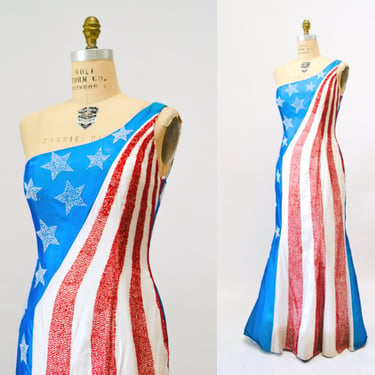 90s Vintage Beaded Dress USA American Flag Dress Gown Red White Blue Small Alyce Designs// Miss America Pageant Gown Dress One Shoudler 