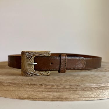 Vintage 90s Nordstrom Brown Genuine Leather Square Swirl Buckle Belt - Small 