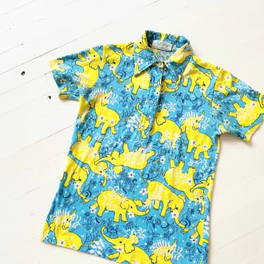 1970s The Lilly Elephant Print Blue + Yellow Dagger Print Shirt 