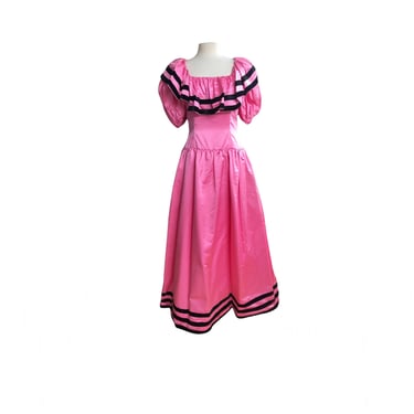 Vintage 80s Oscar de La Renta Pink Satin Gown with Velvet Trim| Full Length Ruffle Gown 