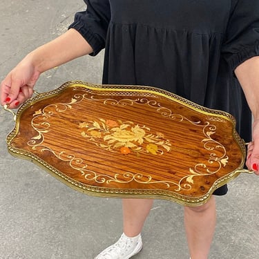 Vintage Serving Tray Retro 1970s Italian + Bohemian + Inlaid Wood + Marquetry + Floral Design + Gold Metal + Oval + Home Decor and Display 