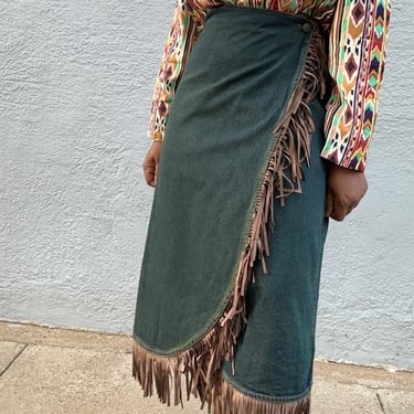 Kali Vtg Denim &amp; Fringe Wrap Skirt | 12/14