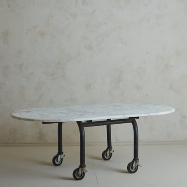 Vintage Carrara Marble Table with Industrial Metal Base on Castors, Italy