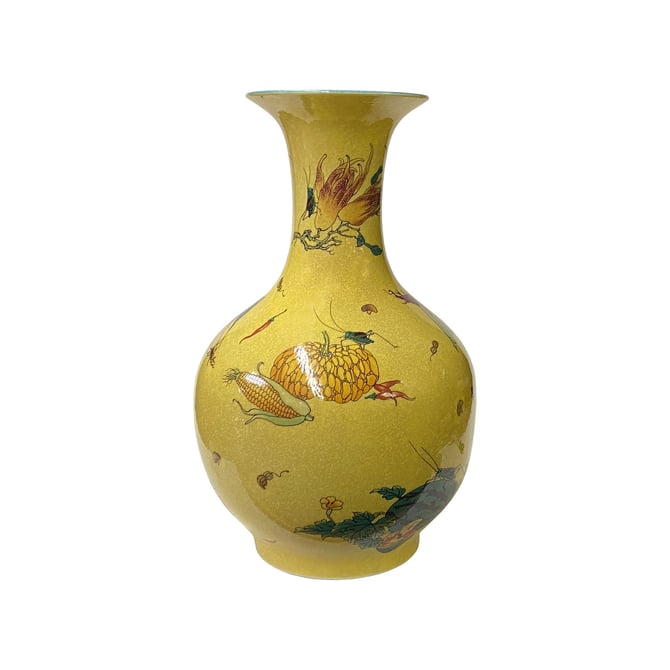 Chinese Crackle Yellow Porcelain Fruit Grasshopper Graphic Vase ws1648E 