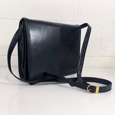 Vintage Navy Crossbody Bag Blue Leather Purse Handbag Minimalist Flap Brass Alcott & Andrews Made in Italy 1990s 90s 