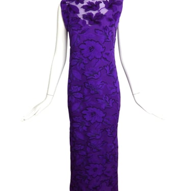 GALANOS- 1990s Purple Floral Voided Velvet Gown, Size 6P