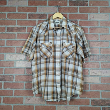 Vintage 70s 80s Campus Plaid ORIGINAL Button Down Work Shirt - Large 