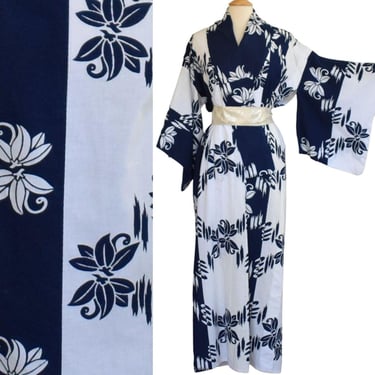 Vintage 60s Cotton Kimono Robe, Japanese Blue with White Lotus Print, Made in Japan, Size M to L 