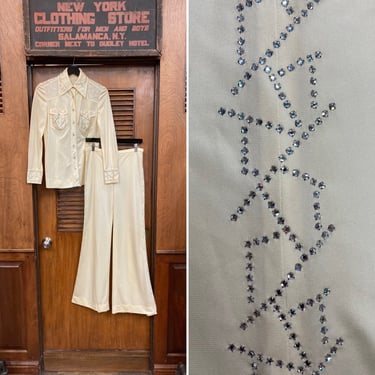 Vintage 1960’s Incredible Glam Mod Disco Rhinestone 2 Piece Shirt Flare Pants Outfit Set, Glam, Rhinestone Stud, Mod, Disco, 1960’s, 1970’s, 