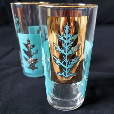 1960s Drinking Glasses with Gold and Teal Leaf Design  Set of 8 
