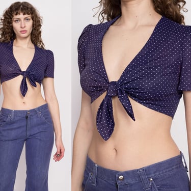 70s Navy Blue Polka Dot Tie Front Crop Top - XS and Small | Vintage Short Puff Sleeve V Neck Cropped Blouse 