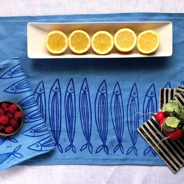 hand block printed 72" linen table runner. sardines on cerulean blue. boho decor. modern. beach house. coastal. linen tablecloth. fish. 