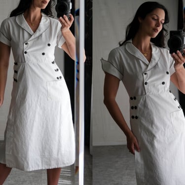 Vintage 40s Angelica White Cotton w/ Black Trim & Buttons Nurse Uniform | Shield Brand 100% Cotton | 1930s 1940s Pinup Nurse Uniform Dress 