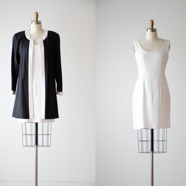 white linen dress | 80s 90s vintage Depeche Mode black white minimalist mini dress jacket 2 piece set 