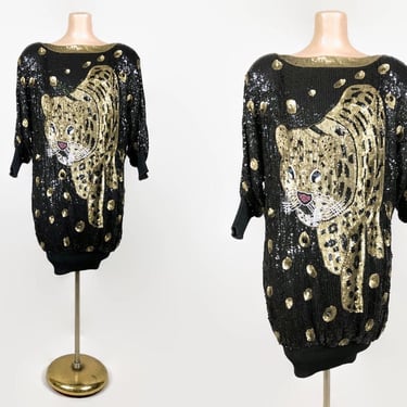 VINTAGE 80s Incredible Sequin Beaded Big Cat Mini Dress | 1980s Leopard Tiger Embellished Party Dress | Balloon Sleeve Bubble Tunic Sweater 