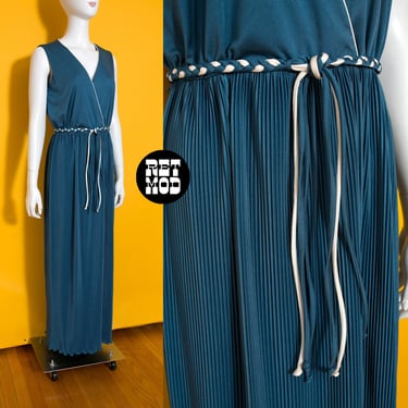 Pretty Vintage 70s Dusty Blue Grecian Style Dress Gown with Braided Belt and Pintuck Skirt 