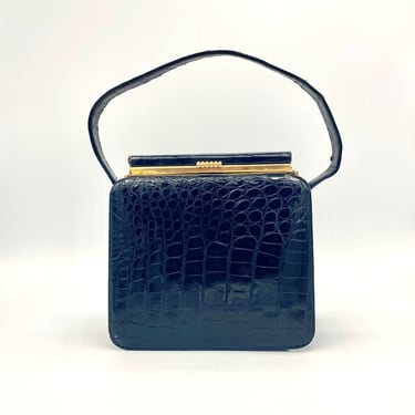 Vintage 1960s Embossed Black Patent Leather Handbag, Compact Mid-Century Top Handle Stamped Faux-Crocodile Box Purse, VFG 