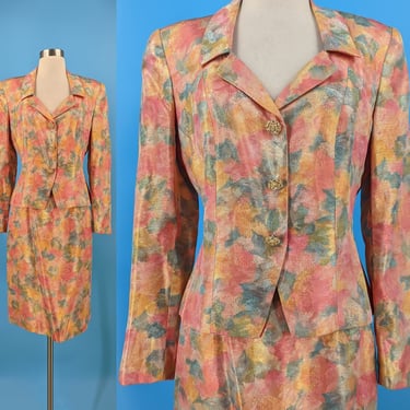 Vintage 80s Victor Costa for Neiman Marcus Colorful Floral Lurex Skirt Suit - Eighties Size 8 Skirt Suit 