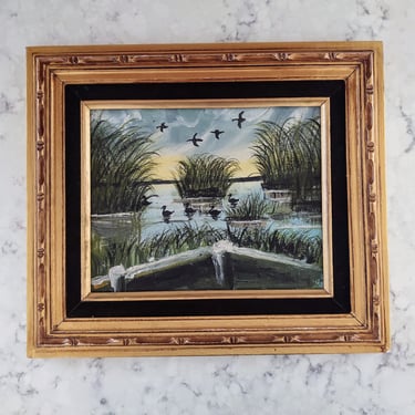 Vintage Golden Wood Framed Black Velvet Matte Duck Marsh Painting 