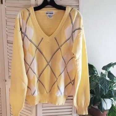 Vintage 60s Mens Argyle Yellow/White V Neck  COTTON Full Fashioned Sweater sz M made in UK 