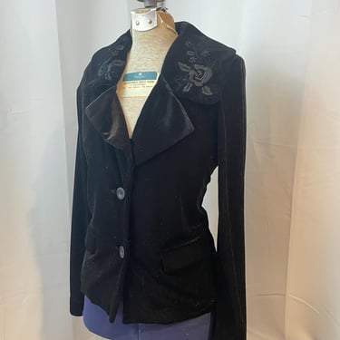 Witchy Embroidered Velvet Jacket Blazer Black Roses 1990s Vintage S 