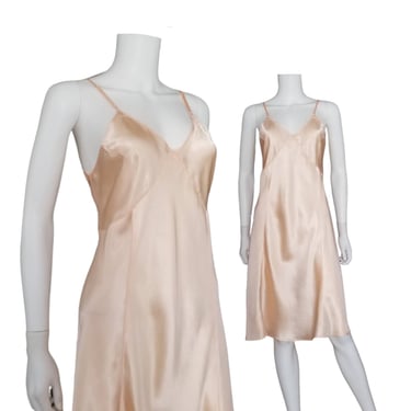 Vintage Satin Slip Dress, Medium Large / 1940s Peach Rayon Slip / Bias Cut Full Slip Vintage Lingerie / Silky 40s Flared Dress Slip 