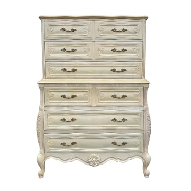 French Provincial Chest of Drawers - Vintage Ivory White & Gold Brass Louis XV Carved Wood Country 6 Drawer Shabby Chic Tallboy Dresser 