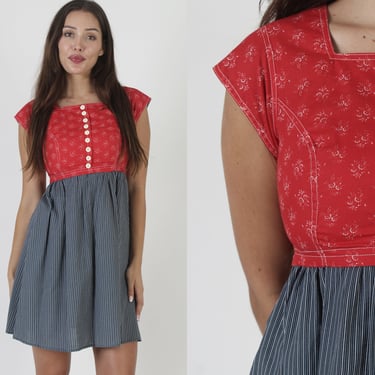 70s Dirndl Inspired Dress With Pockets / Americana Festival Summer Mini Sundress / German Waitress Costume 