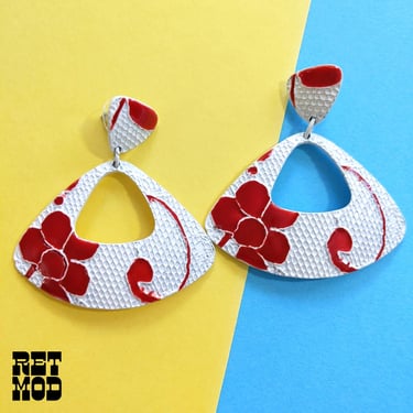 Lovely Vintage 70s Red & White Floral Metal Dangle Earrings 