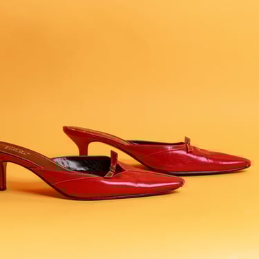 90s Red Leather Pointed Kitten Heels Vintage Strappy Sandals Bow Mules 