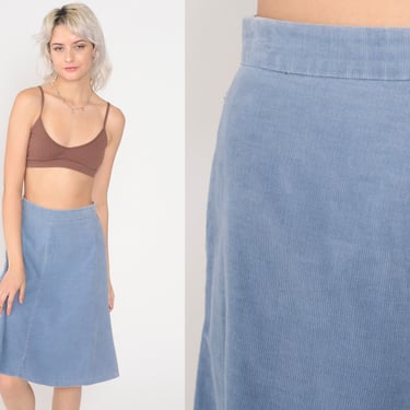 Blue Corduroy Skirt 70s 80s Midi Skirt Retro Boho High Waisted Flared A-line Skirt Plain Secretary Skirt Vintage 1970s 1980s Small S 