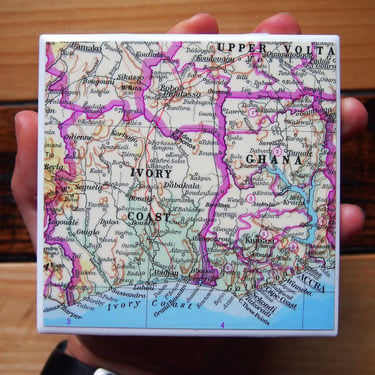1966 Ivory Coast & Ghana Map Coaster. Africa Gift. Ghana Coaster. Ivory Coast Map. Vintage Africa Decor. Accra Gift. West Africa Map Gift. 